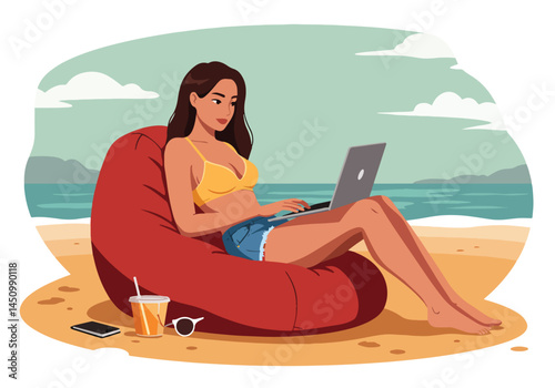 Adobe Illustrator Artwork Woman working on laptop at the beach. Flat vector illustration of a woman in swimwear working remotely on a laptop while relaxing on a beach chair