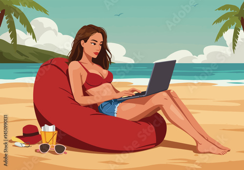 Adobe Illustrator Artwork Woman working on laptop at the beach. Flat vector illustration of a woman in swimwear working remotely on a laptop while relaxing on a beach chair