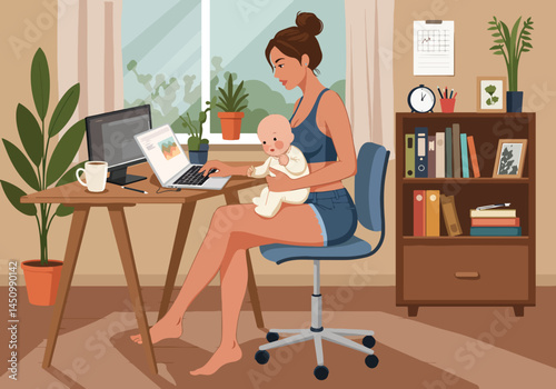 Adobe Illustrator Artwork Working mom with baby at home. Flat vector illustration of a woman working on a laptop while holding her baby. Home office setting