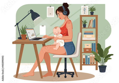 Adobe Illustrator Artwork Working mom with baby at home. Flat vector illustration of a woman working on a laptop while holding her baby. Home office setting