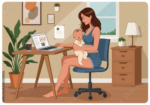 Adobe Illustrator Artwork Working mom with baby at home. Flat vector illustration of a woman working on a laptop while holding her baby. Home office setting