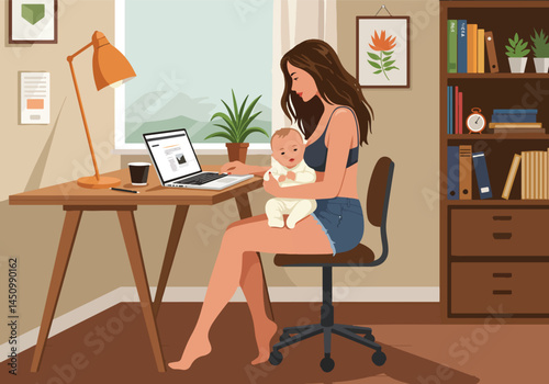 Adobe Illustrator Artwork Working mom with baby at home. Flat vector illustration of a woman working on a laptop while holding her baby. Home office setting