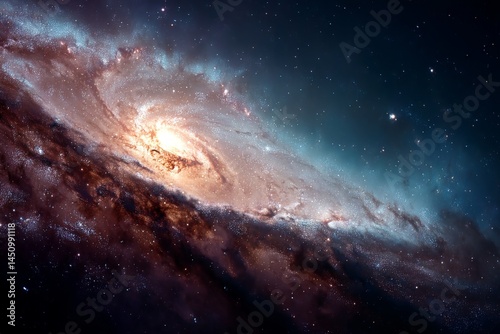 Spectacular Outer Space Spiral Galaxy with Stars, Dust, and Nebula Gas Clouds in Cosmic Celestial Night Sky