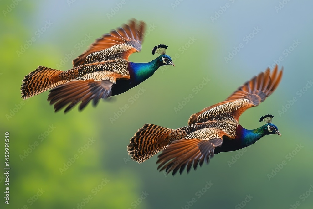 Obraz premium Pheasants In Flight. Nature's Beauty: Peafowl With Majestic Wingspan and Colorful Plumage