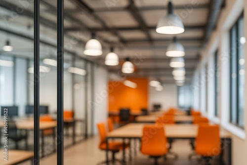 Modern office space with orange chairs blurred background