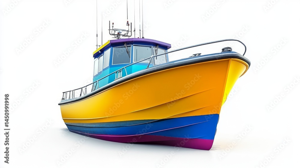 Naklejka premium On a plain and isolated background, a vibrant fishing boat is equipped with a net