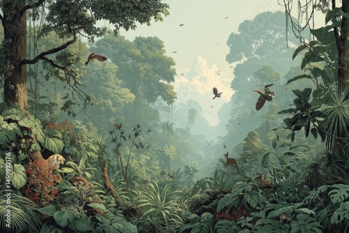Lush rainforest vista featuring tropical trees, diverse plants, vibrant birds, and unique wildlife amidst a hazy, green atmosphere
