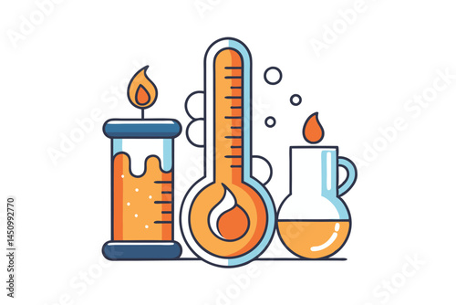 thermometer, flames, and a measuring cup, symbolizing temperature, heat, and the science of warming drinks and liquids