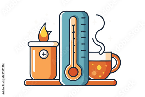 Cozy atmosphere represented through a thermometer, flame, and a warm drink, illustrating comfort, temperature, and heating elements in a colorful cartoon design