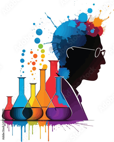 Scientific Experiment Silhouettes, Colorful Splashes, Vector Set