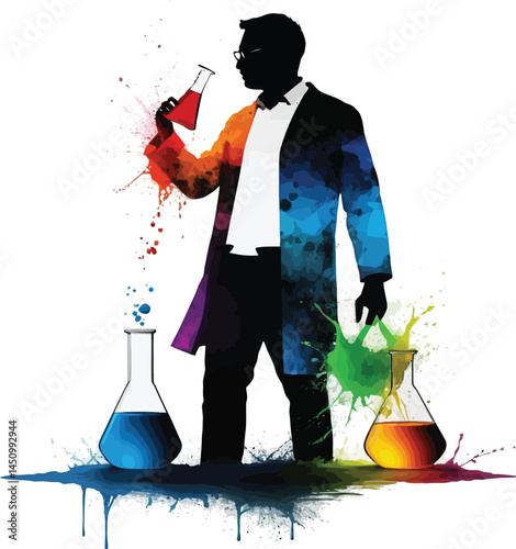 Scientific Experiment Silhouettes, Colorful Splashes, Vector Set
