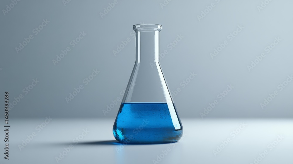 A laboratory flask containing blue liquid is set against a white background A laboratory flask containing blue liquid is set against a white background