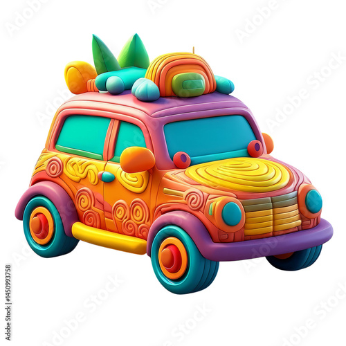 Colorful Cartoon Car with Playful Design and Tropical Details, isolated on transparent background