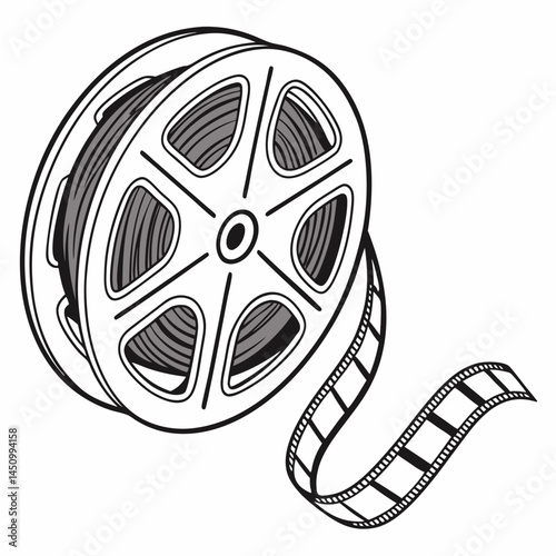 Vintage Film Reel With Winding Filmstrip Isolated On White Background Illustration