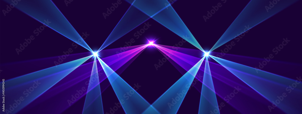 Laser rays or beams, glowing neon lines, bright futuristic background. Motion or speed light effect. Concert or nightclub spotlights. Vector illustration.