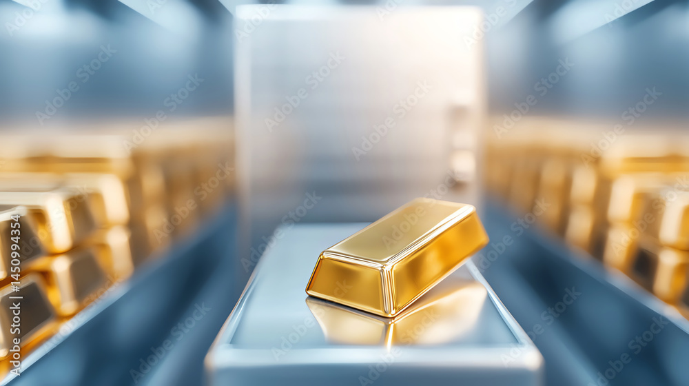 A shiny gold bar displayed prominently in a secure vault