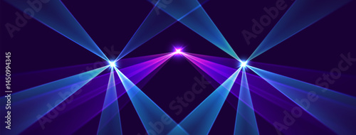 Laser rays or beams, glowing neon lines, bright futuristic background. Motion or speed light effect. Concert or nightclub spotlights. Vector illustration.