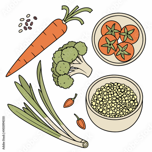 Fresh Farm Vegetables And Legumes Illustration On White Background,Healthy Ingredients Concept