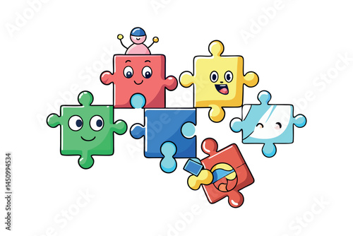 puzzle pieces flying through the air creating a dynamic scene of fun and problem solving, isolated on a gradient background
