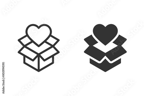 Heart emerging from open cardboard box icon set. Suitable for concepts related to love, gifts, giving, care, and delivery.
