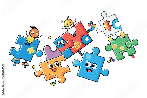 flying puzzle pieces in the air, symbolizing creativity, complexity, and the excitement of solving puzzles