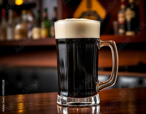 Dark stout beer in a glass with a creamy head, set in a moody, rich-toned environment for branding or product display.