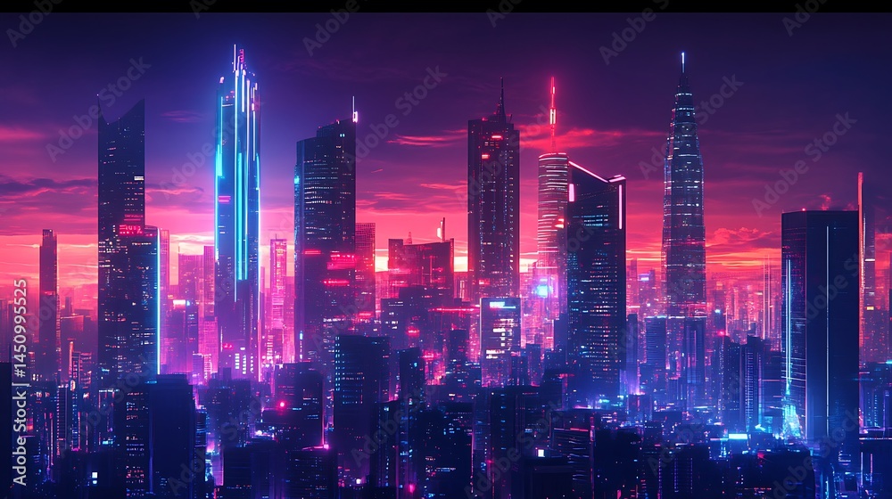 Fototapeta premium A vibrant cityscape illuminated by neon lights at dusk.