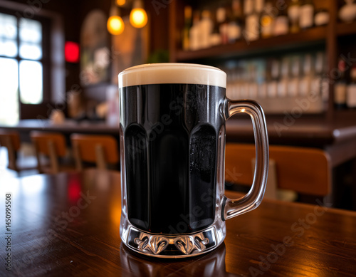 Dark stout beer in a glass with a creamy head, set in a moody, rich-toned environment for branding or product display.