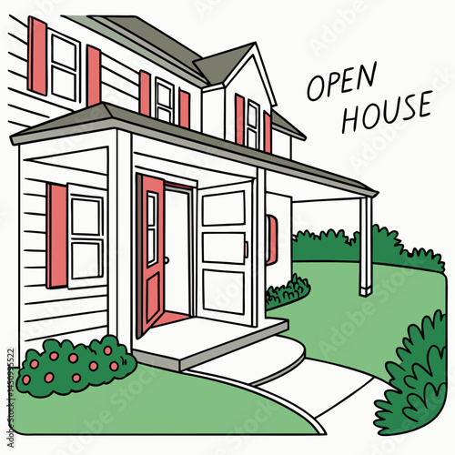 Open House Cartoon Illustration Inviting Homebuyers To Explore Property Opportunity