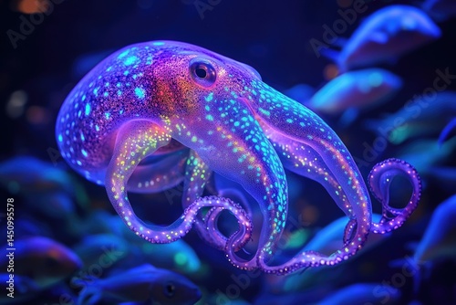 A bioluminescent octopus glows vibrantly in the deep ocean, surrounded by other marine life.