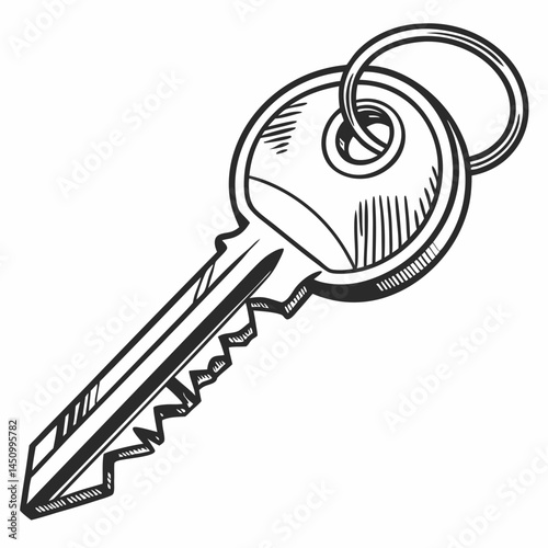 Hand Drawn Key With Ring,Isolated Outline Style Vector Illustration