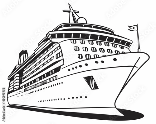 Black And White Vector Illustration Of A Cruise Ship Liner Vessel