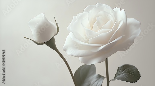 Delicate White Rose and Bud with Soft Lighting on Minimal Background – Elegant Floral Close-Up Symbolizing Purity and Grace