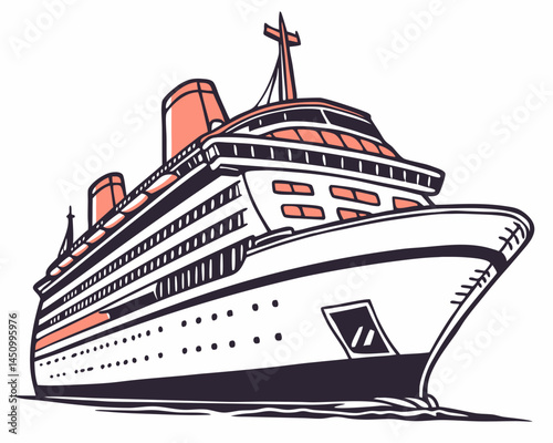 Retro Cruise Ship Vector Illustration With Coral And Charcoal Accents On White
