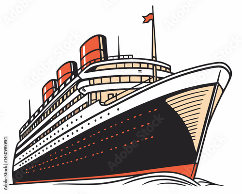 Large Ocean Liner Cruise Ship Vintage Style Illustration Colorful Design Vector