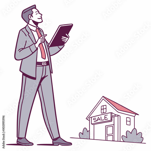 Confident Realtor Inspecting Property For Sale With Tablet In Hand Illustration