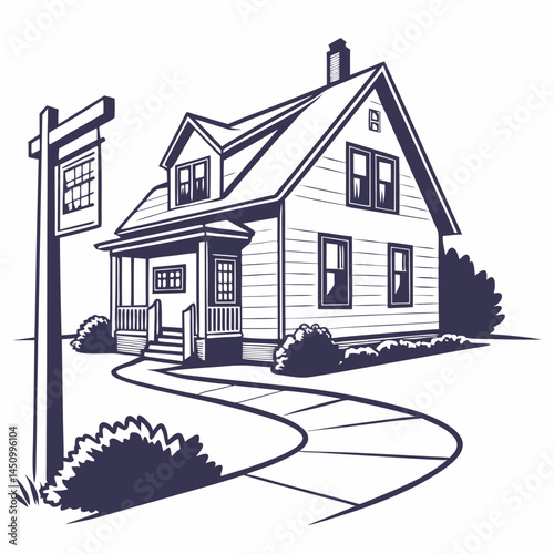 Monochromatic Vector Illustration Of A Suburban House With A Sidewalk And Lawn