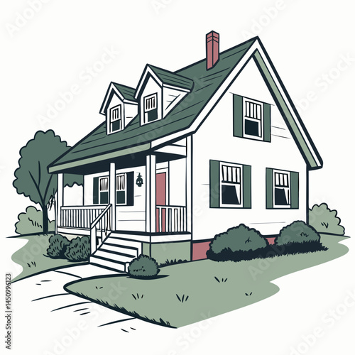 Charming Two Story House Illustration With Front Porch And Landscaped Yard