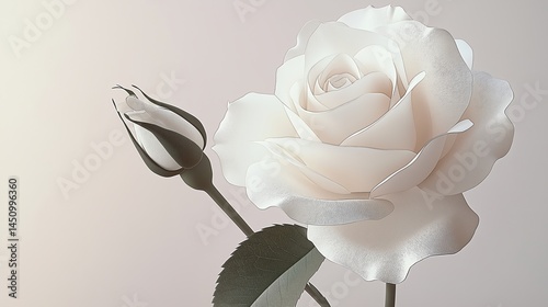 Elegant White Rose and Bud on Soft Neutral Background – Minimalist Floral Close-Up Highlighting Delicate Petals and Gentle Beauty