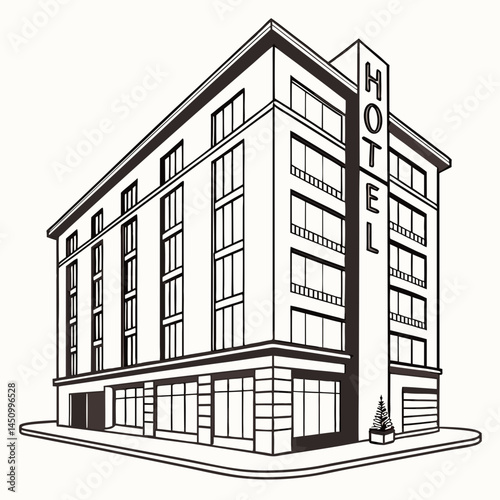 Black And White Outline Drawing Of A Modern Hotel Building On The Corner