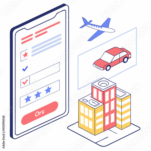 Isometric Travel Booking App With Plane Car And City Buildings Illustration