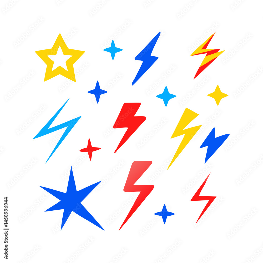 Fototapeta premium Colorful Star And Lightning Bolt Vector Design Isolated On Black Background
