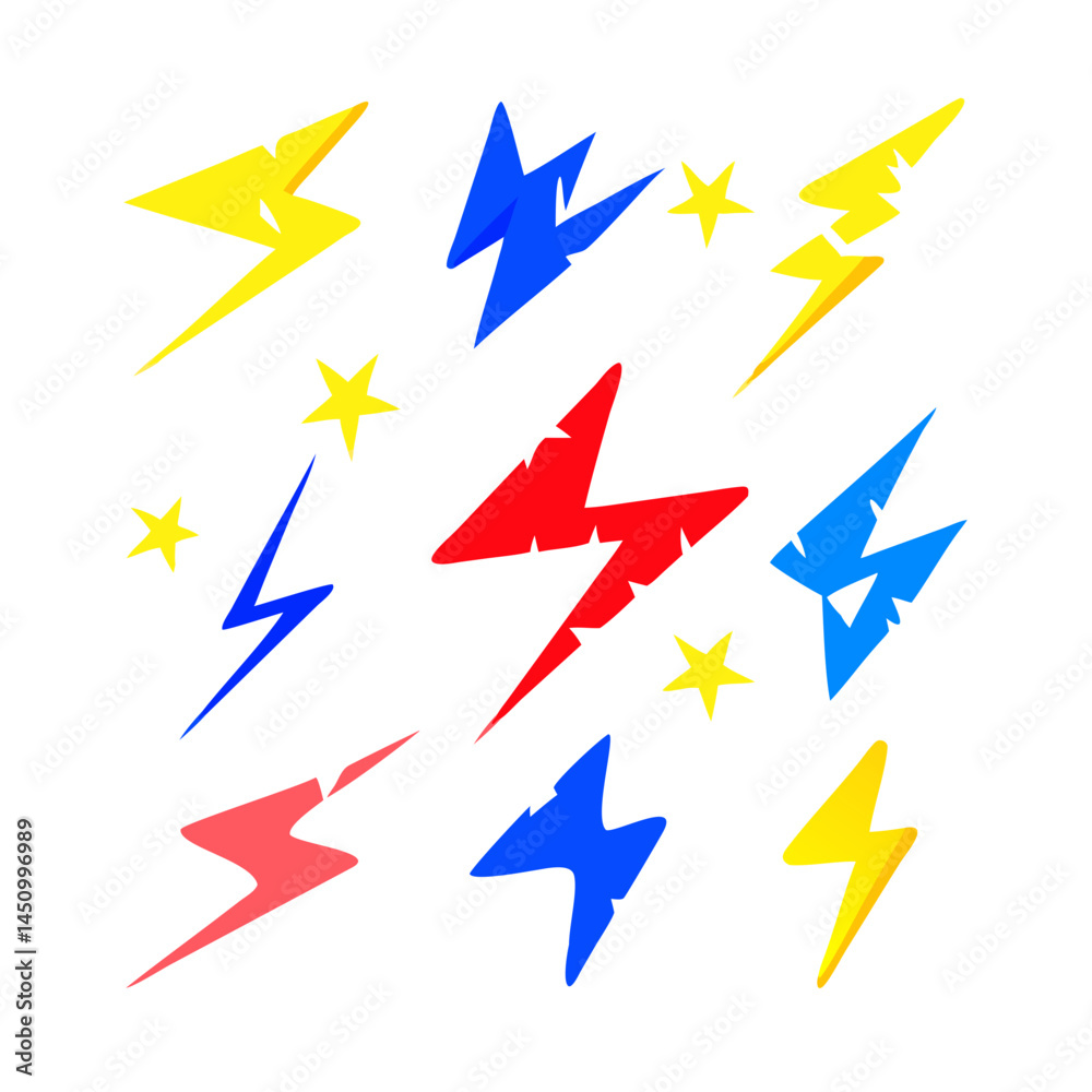 Fototapeta premium Colorful Cartoon Lightning Bolts And Stars On Black Background Decorative Pattern