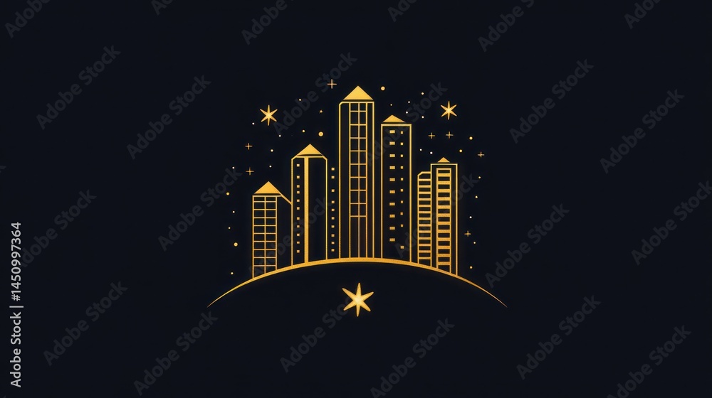 Fototapeta premium Golden city skyline at night, starlit background, urban development, website header