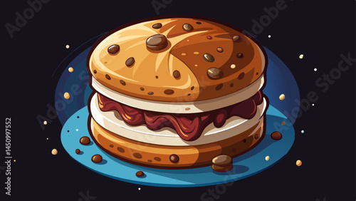 A delectable ice cream sandwich with chocolate chips, a perfect treat against a dark background.