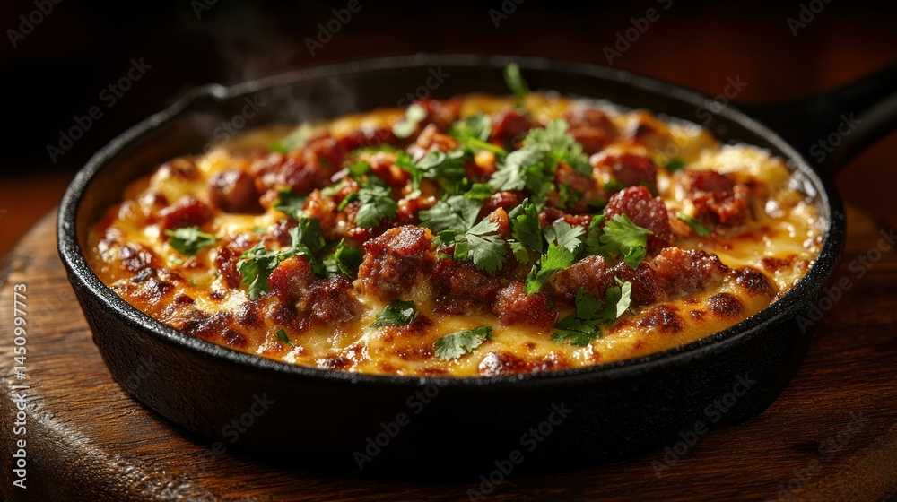 Melted cheese and cooked meat dish, topped with fresh herbs Melted cheese and cooked meat dish, topped with fresh herbs