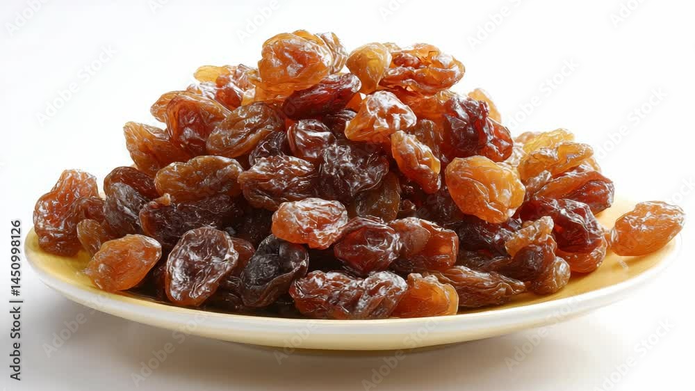 Dried grapes piled on a yellow plate present a wholesome and sweet snacking choice for healthy dietary options. Dried grapes piled on a yellow plate present a wholesome and sweet snacking choice for healthy dietary options.