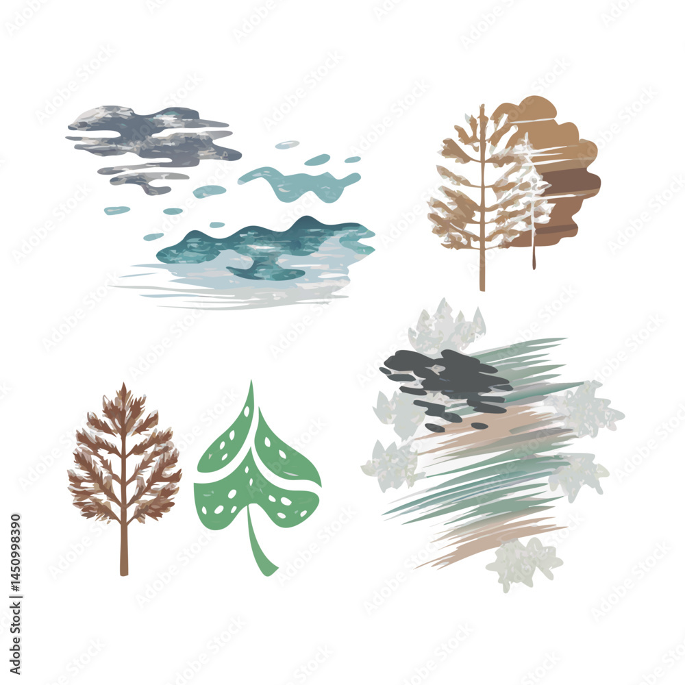 Abstract Nature Set With Trees Water And Foliage On Black Background Art Abstract Nature Set With Trees Water And Foliage On Black Background Art