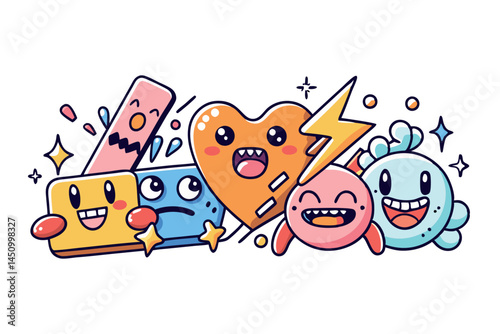 doodles showcasing cute facial expressions and happy signs, perfect for kids, animation, and cheerful branding