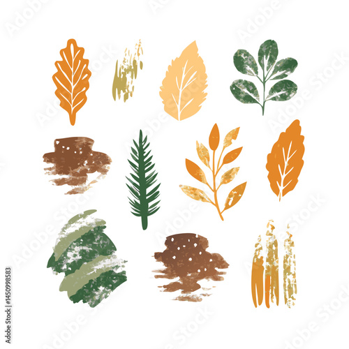 Autumnal Leaf And Brush Stroke Illustrations On Black Background For Digital Design Projects